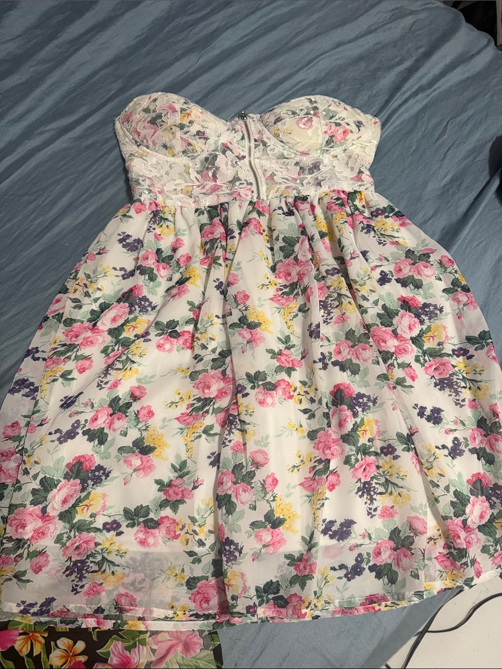 Poetry Strapless Floral Mini Dress in White, Pink, Yellow